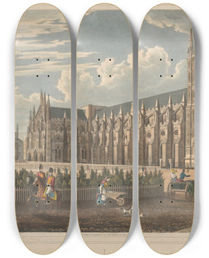 Triptych art skateboard deck of Robert Havell View Of Westminster Abbey And St Margarets Church by Robert Havell