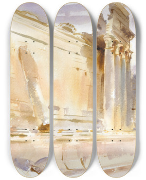 Triptych art skateboard deck of John Singer Sargent Temple Of Bacchus Baalbek by John Singer Sargent (1856-1925)