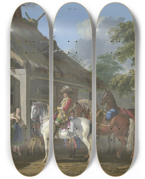 Triptych art skateboard deck of Johann Georg Pforr Ein Reichgekleideter Kavalier Hlt Mit Drei Pferden Und Einem Diener Vor Einem Bauernhaus Eine Barfige Junge Frau Schenkt Ihm Ein by Johann Georg Pforr (1745-1798)