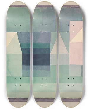 Triptych art skateboard deck of Paul Klee Three Houses by Paul Klee (1879-1940)