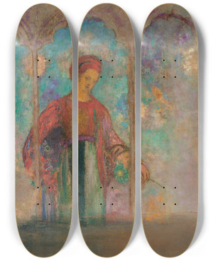 Triptych art skateboard deck of Odilon Redon Woman In A Gothic Arcade Woman With Flowers by Odilon Redon (1840-1916)