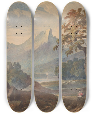 Triptych art skateboard deck of Thomas Sully Landscape With Mountains Lake Castle Seated Figure In Foreground by Thomas Sully (1783-1872)