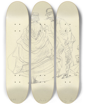 Triptych art skateboard deck of Anton Burger Studienblatt Zwei Erwachsene Zwei Kinder by Anton Burger (1824-1905)