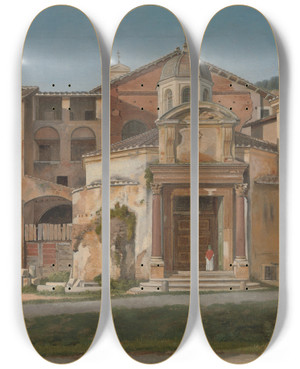 Triptych art skateboard deck of Christoffer Wilhelm Eckersberg A Section Of The Via Sacra Rome The Church Of Saints Cosmas And Damian_1 by Christoffer Wilhelm Eckersberg (1783-1853)