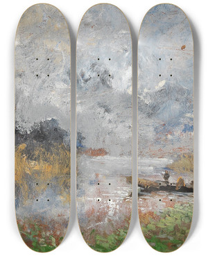 Triptych art skateboard deck of Pompeo Mariani A Boat Trip On A Lake by Pompeo Mariani (1857-1927)
