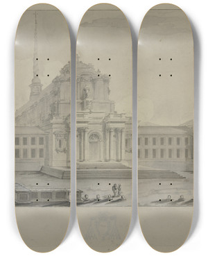 Triptych art skateboard deck of Jacquesfranois Blondel Ansicht Eines Domes Zwischen Zwei Flgelgebuden Mit Gewundener Turmspitze by Jacques-Franois Blondel (1705-1744)