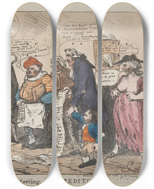Triptych art skateboard deck of Samuel Collings The First Of April Or A Meeting Of Creditors by Samuel Collings (1784-1789)
