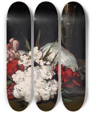 Triptych art skateboard deck of Samuel John Peploe Bouquet Of Red And White Flowers With A Champagne Glass by Samuel John Peploe (1871-1935)