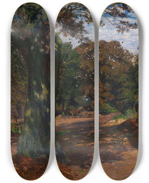 Triptych art skateboard deck of Friedrich Kallmorgen Niederdeutscher Bauernhof by Friedrich Kallmorgen (1856-1924)