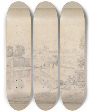 Triptych art skateboard deck of Richard Wilson Italian Landscape With River Running Between High Wall At Left And High Bank At Right Towards A Small Town With Figures On The Banks by Richard Wilson (1714-1782)