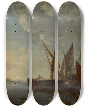 Triptych art skateboard deck of Hendrick Jacobsz Dubbels Ships In A Calm At Sunset by Hendrick Jacobsz Dubbels (1621-1707)