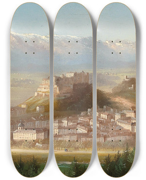 Triptych art skateboard deck of Hubert Sattler View Of Salzburg by Hubert Sattler (1817-1904)