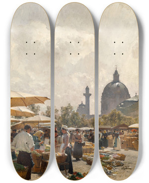 Triptych art skateboard deck of Carl Moll Der Naschmarkt In Wien by Carl Moll (1861-1945)