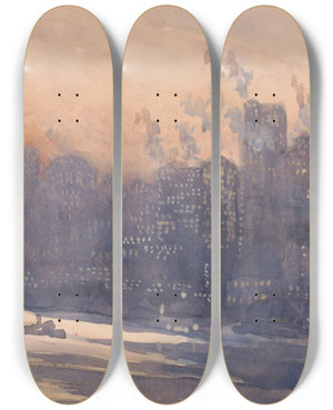 Triptych art skateboard deck of Joseph Pennell New York City Harbor And Skyline At Night by Joseph Pennell (1857-1926)