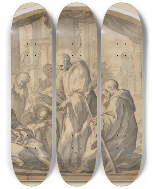 Triptych art skateboard deck of Andrea Sacchi A Carthusian Saint Visiting The Plague Stricken by Andrea Sacchi (1599-1661)