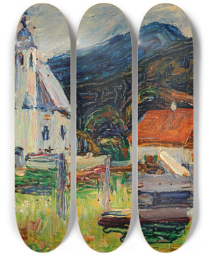 Triptych art skateboard deck of Wassily Kandinsky Kocheldorfkirche by Wassily Kandinsky (1866-1944)