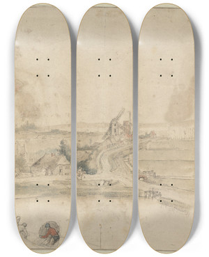 Triptych art skateboard deck of Hendrick Avercamp Landscape With Houses And Two Windmills Along A Road With Three Fishermen In The Foreground by Hendrick Avercamp (1585-1634)