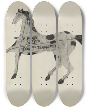 Triptych art skateboard deck of Sydney Roberts Livery Stable Sign by Sydney Roberts