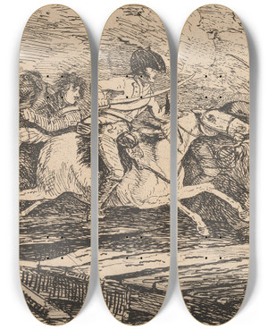 Triptych art skateboard deck of Conrad Gessner Cavalry Charging by Conrad Gessner (1764-1826)