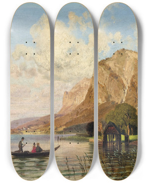 Triptych art skateboard deck of Anton Hlavacek Fishermen On A Lake by Anton Hlavacek (1842-1926)