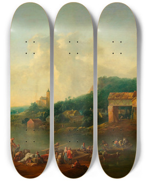 Triptych art skateboard deck of Johann Christian Brand Flusslandschaft by Johann Christian Brand (1722-1795)