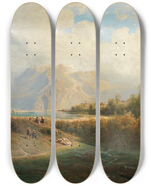 Triptych art skateboard deck of Leopold Heinrich Vscher Upper Italian Town On A Lakeshore With Herd Of Sheep And Shepherd In The Foreground by Leopold Heinrich Voscher (1830-1877)