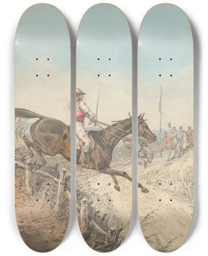 Triptych art skateboard deck of Henry Thomas Alken Steeplechasing The Field Jumping In And Out Of A Lane by Henry Thomas Alken (1785-1851)