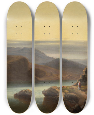 Triptych art skateboard deck of Robert Kummer Schottische Landschaft Mit Fischer Am Ufer by Robert Kummer (1810-1889)