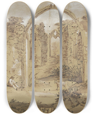 Triptych art skateboard deck of Anton Radl Die Ruine Hubertuskapelle Bei Bergen by Anton Radl (1774-1852)