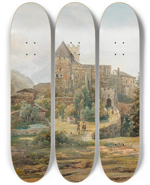 Triptych art skateboard deck of Thomas Ender Trostburg Castle In The Eisack Valley In The South Tyrol by Thomas Ender (1793-1875)