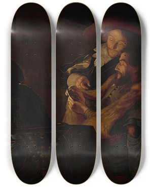 Triptych art skateboard deck of Adam De Coster Card Players By Candlelight by Adam De Coster (1586-1643)