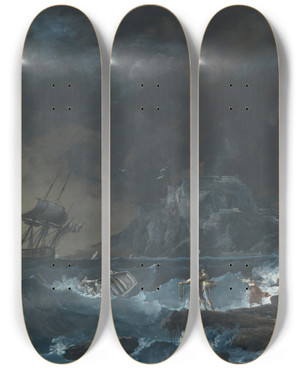 Triptych art skateboard deck of Alexandrejean Nol Ships On A Stormy Sea With Figures On The Shore by Alexandre Jean Noel (1752-1834)
