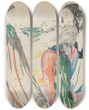 Triptych art skateboard deck of Filipp Malyavin Sketch Of Figures In A Landscape by Filipp Malyavin (1869-1940)