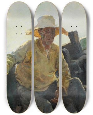 Triptych art skateboard deck of Joaqun Sorolla Viejo Pescador En Una Barca by Joaquin Sorolla (1863-1923)