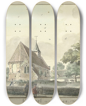 Triptych art skateboard deck of Jan De Beijer Kapel Op T Loo by Jan de Beijer (1703-1780)