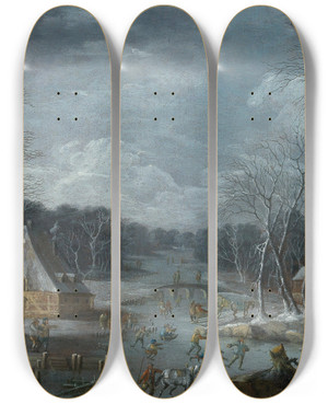 Triptych art skateboard deck of Robert Griffier A Winter Landscape With Skaters On The Ice by Robert Griffier (1688-1750)