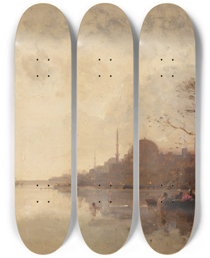 Triptych art skateboard deck of Henri Duvieux A View Of The Bosphorus With Hagia Sophia Constantinople by Henri Duvieux (1855-1882)