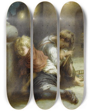 Triptych art skateboard deck of Augustus Edwin Mulready Fatigued Minstrels by Augustus Edwin Mulready (1844-1904)