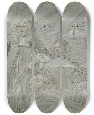 Triptych art skateboard deck of Abraham Lambertsz Van Den Tempel Gruppe Af En Siddende Dame Og En Stende Herre Knfigurer I Baggrunden En Sort Afrikaner Og En Hund Th En Ballustrade by Abraham Lambertsz. van den Tempel (1622-1672)