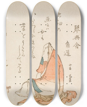 Triptych art skateboard deck of Katsushika Hokusai Two Kyka Poets Kinksha Kadomichi Fukujus Shmaru by Katsushika Hokusai (1760-1849)