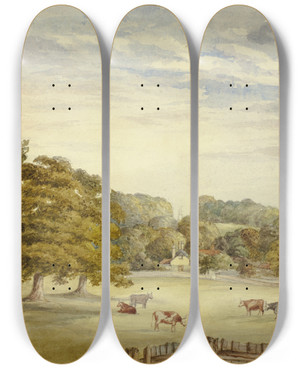 Triptych art skateboard deck of Elizabeth Murray Six Cows Grazing Before Country House by Elizabeth Murray (1815-1882)