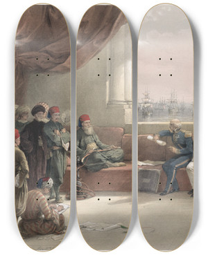 Triptych art skateboard deck of David Roberts Interview With The Viceroy Of Egypt At His Palace At Alexandria May 12Th 1839 by David Roberts (1796-1864)