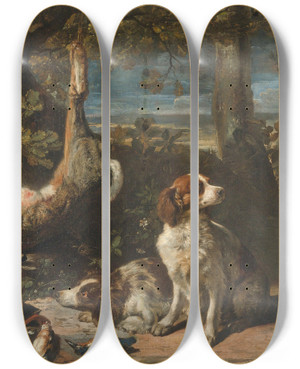 Triptych art skateboard deck of David De Coninck Still Life With Game by David De Coninck (1644-1701)