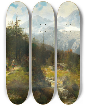 Triptych art skateboard deck of Joseph Schoyerer Scene Between Handeck And Grimsel by Joseph Schoyerer (1844-1923)