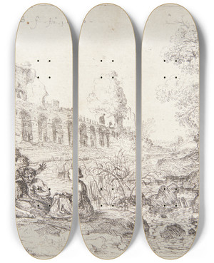 Triptych art skateboard deck of Bartholomeus Breenbergh Nymfen Korsika Siddende Med Tre Satyrer by Bartholomeus Breenbergh (1598-1657)