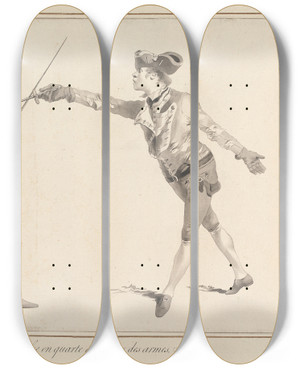 Triptych art skateboard deck of James Gwin De La Passe En Quarte Du Dehors Des Armes by James Gwin (1720-1769)