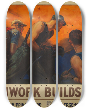 Triptych art skateboard deck of William Dodge Stevens Teamwork Builds Ships by William Dodge Stevens (1870-1942)