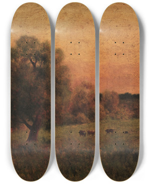 Triptych art skateboard deck of George Inness Cows In A Field by George Inness (1825-1894)
