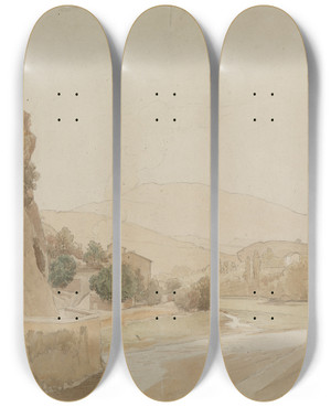 Triptych art skateboard deck of Johann Wilhelm Schirmer Landschaft Bei Vaison In Sdfrankreich by Johann Wilhelm Schirmer (1807-1863)