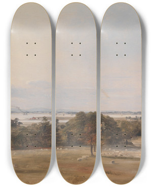 Triptych art skateboard deck of Frederick Richard Lee Southampton Water Near Hamble by Frederick Richard Lee (1798-1879)